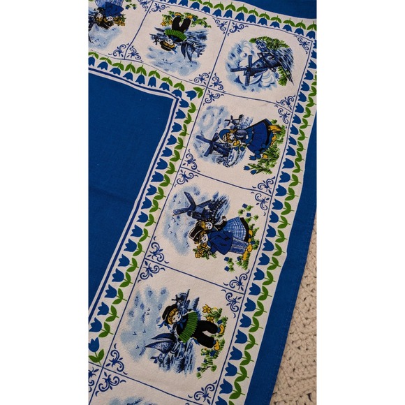 Vintage Dutch Windmill Tulip Cotton Square Tablecloth Blue White Folk Art 27x27 - Picture 5 of 6